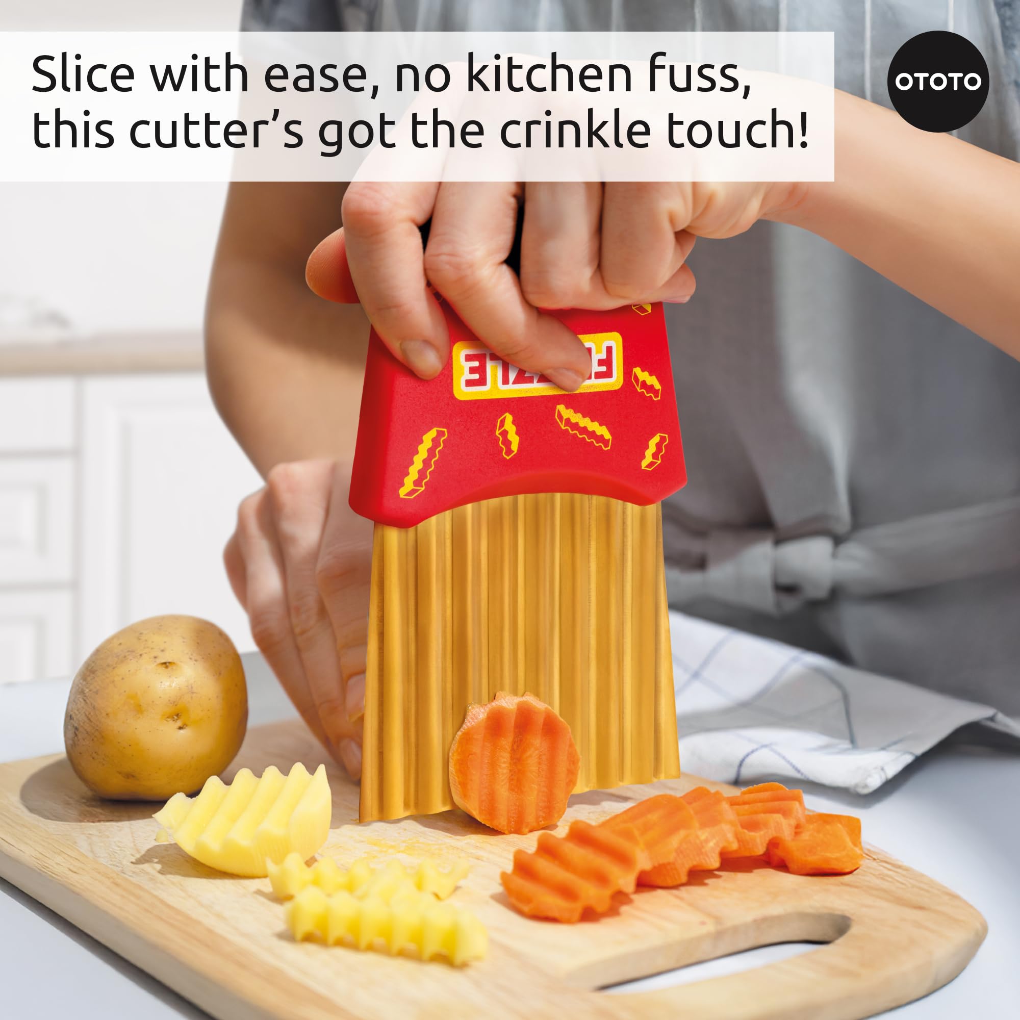 NEW - OTOTO Frizzle Crinkle Fry Cutter - Crinkle Cutter for Veggies, Waffles, Fries, Cool Kitchen Gadgets, Cute Kitchen Accessories, Funny, Unique Gifts, White Elephant Gifts, Quirky - Image 3