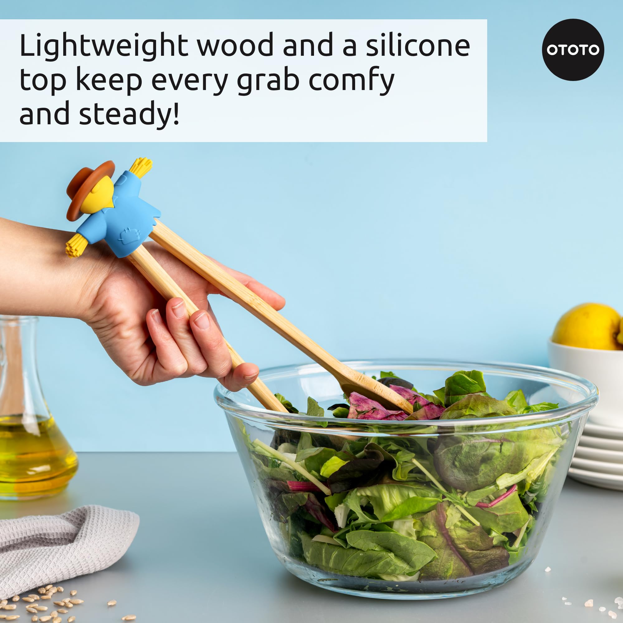 NEW - OTOTO Sal Scarecrow Salad Tongs (2-Piece) - Wooden Tongs Set, Food Safe Toaster Tongs for Serving, Cute Kitchen Tongs, Cool Kitchen Gadgets Accessories, Funny Gifts, Mini Tongs (Blue) - Image 4