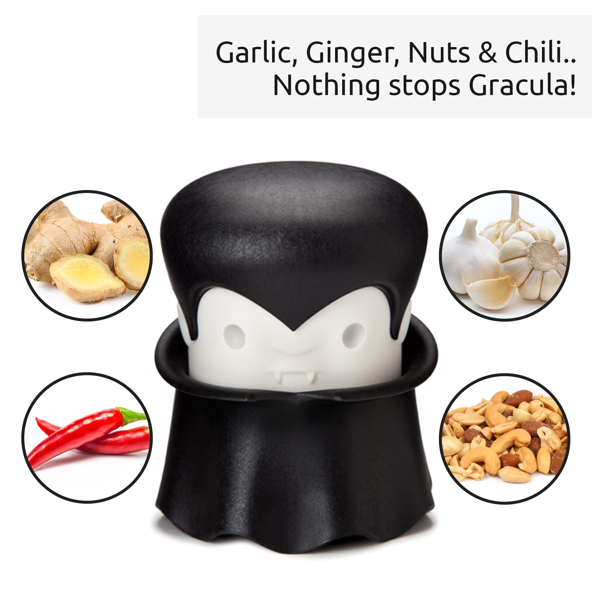 OTOTO Gracula Garlic Crusher, Garlic Mincer, Also for Ginger, Nuts, Chili, Herbs - Twist Top Mincer & Easy Squeeze Manual Press Peeler, Goth Gifts - Image 4