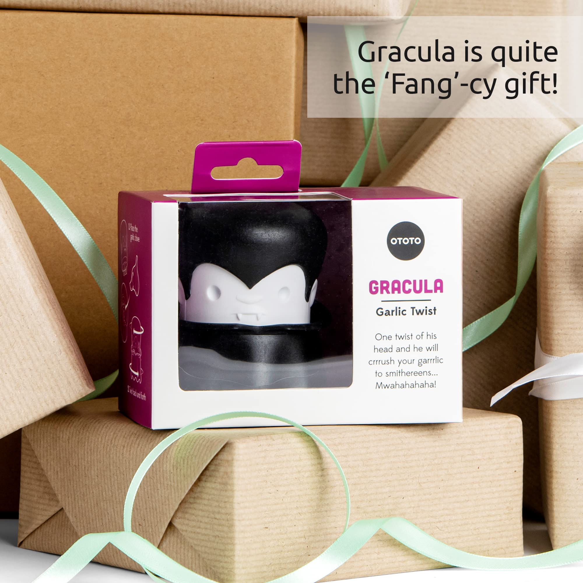 OTOTO Gracula Garlic Crusher, Garlic Mincer, Also for Ginger, Nuts, Chili, Herbs - Twist Top Mincer & Easy Squeeze Manual Press Peeler, Goth Gifts - Image 6