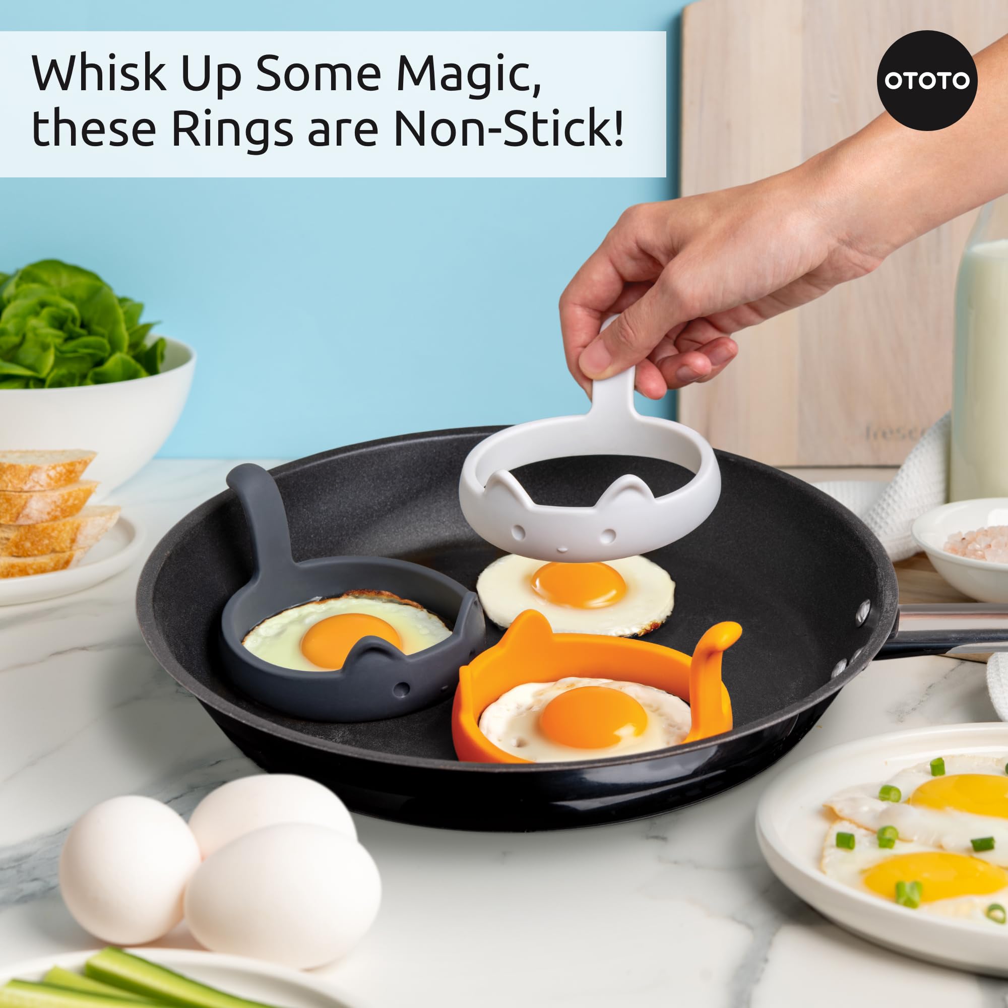 OTOTO PanCats Egg Ring Set of 3 - Silicone Egg Rings for Frying Eggs, Non Stick Fried Egg Cooker Ring, Cat Gifts for Cat Lovers, Cute Funny Kitchen Accessories Gadgets, Separator (Multicolor) - Image 4