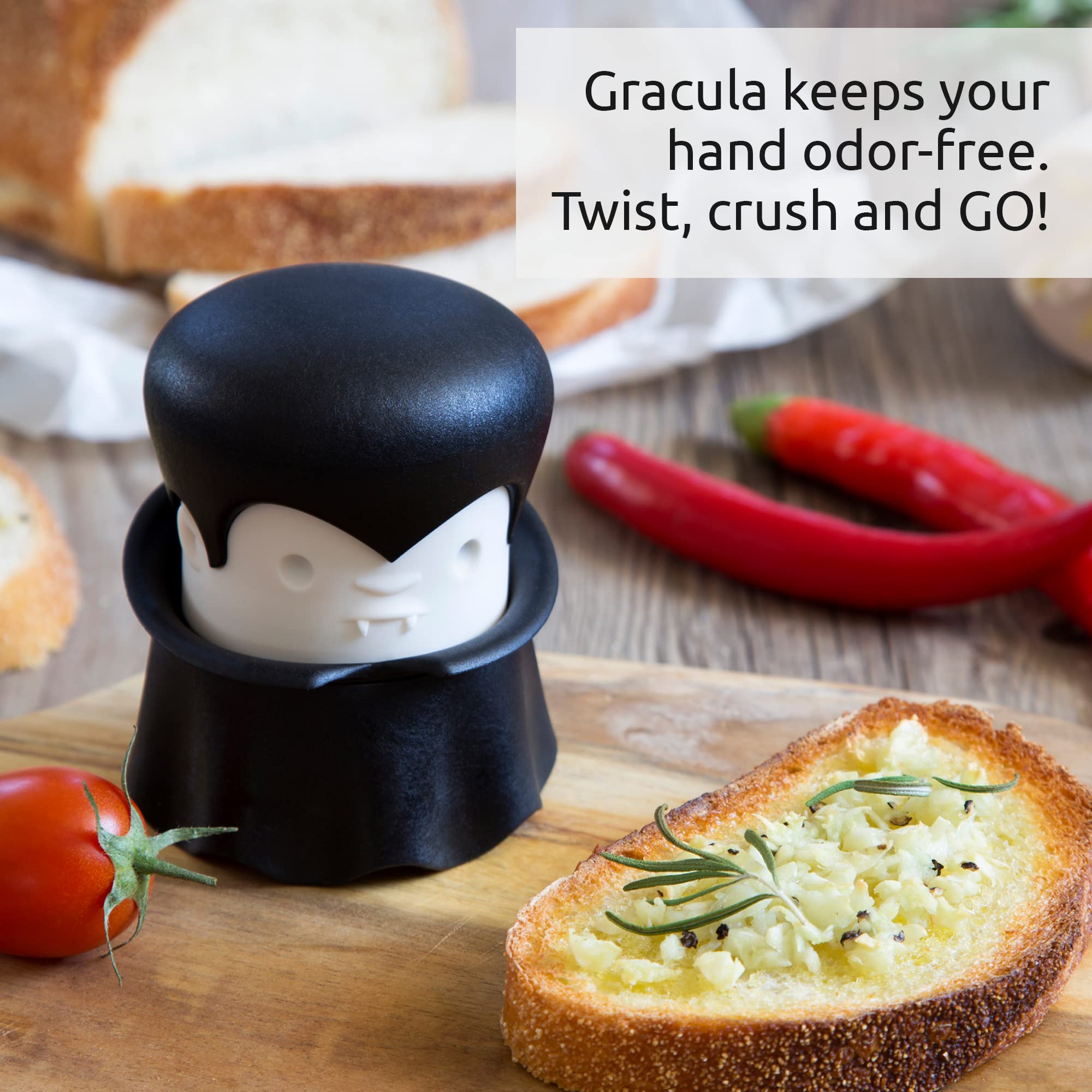 OTOTO Gracula Garlic Crusher, Garlic Mincer, Also for Ginger, Nuts, Chili, Herbs - Twist Top Mincer & Easy Squeeze Manual Press Peeler, Goth Gifts - Image 3
