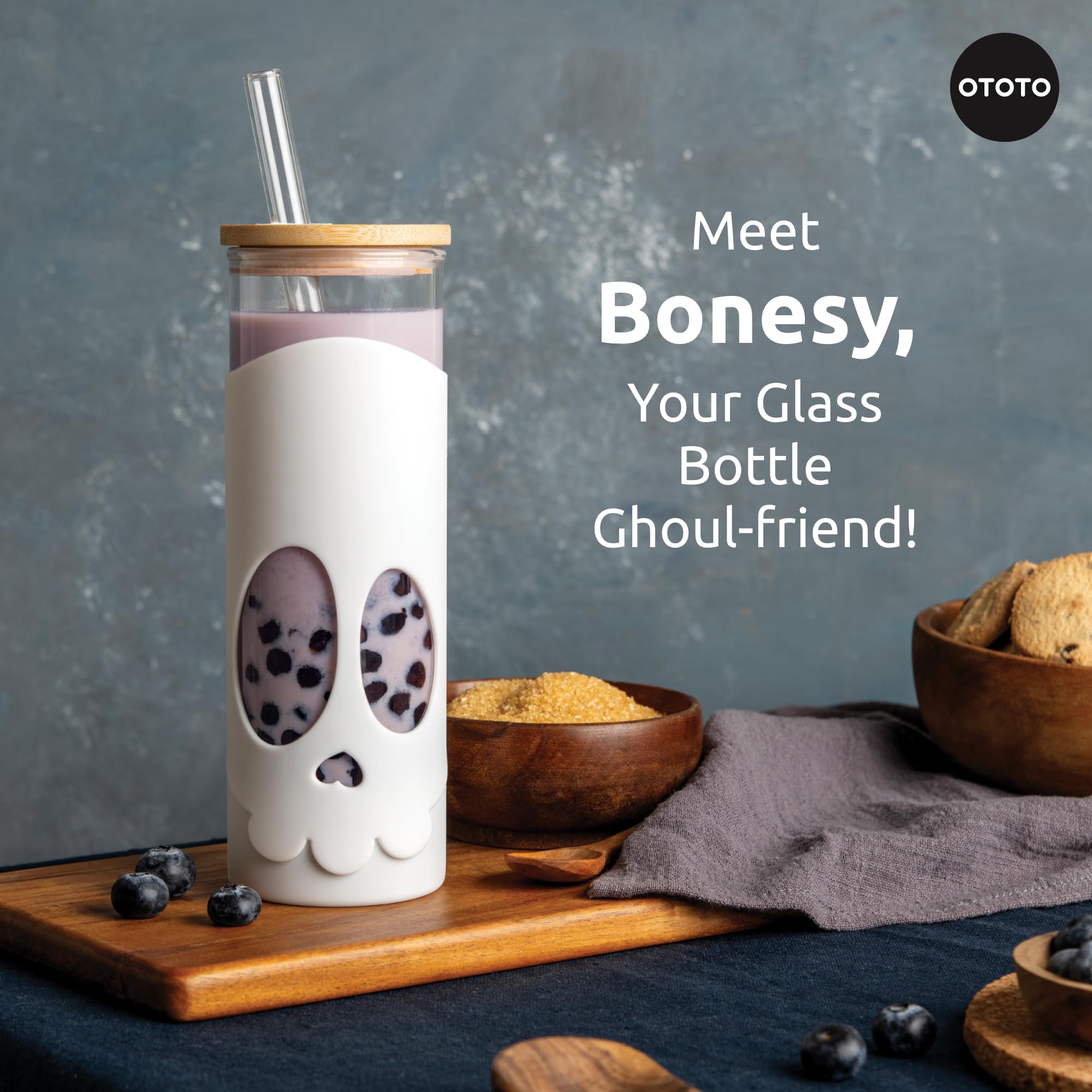 OTOTO Spooky Elizabat Kitchen Scissors- Halloween Goth Cute Bat Kitchen Shears + Gracula Garlic Crusher + Bonesy Glass Tumbler with Straw and Lid - 17oz Cute Glass Water Bottle (Bundle of 3) - Image 9
